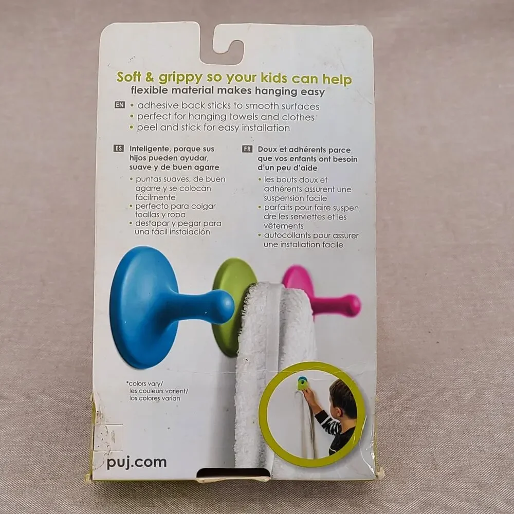 Puj Nubs Clever Grippy Flexible Hooks Adhesive Peel & Stick Back CMY 3PK New